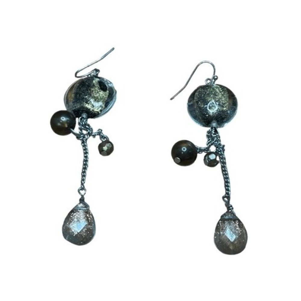 Vintage Beaded Earrings Black Gold‎ Bead Silver Tone Metal Shimmer Dangle